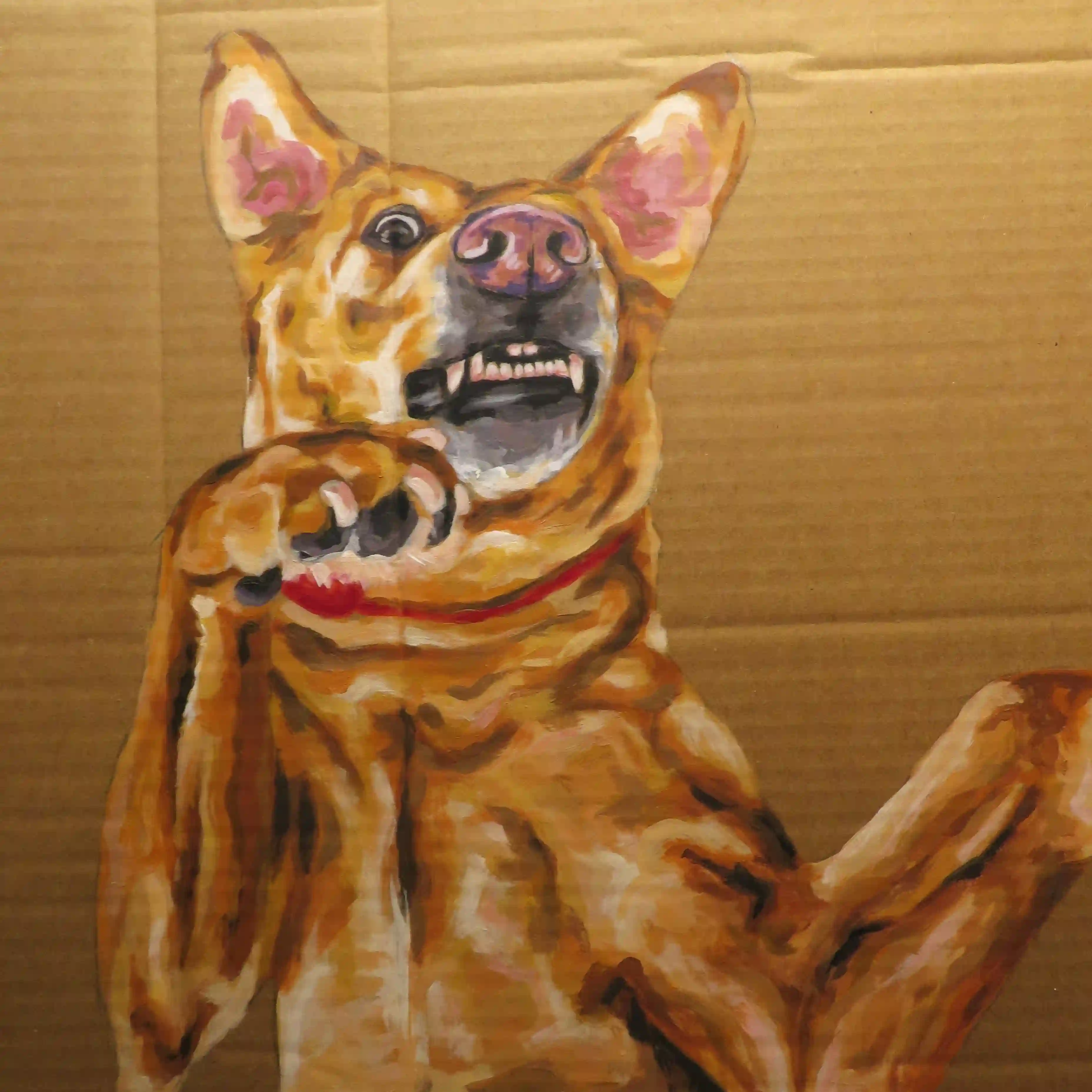 A painting of a dog on her back with a silly expression